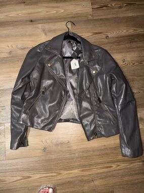 The Reset Gray Faux Leather Moto Jacket with Gold Hardware